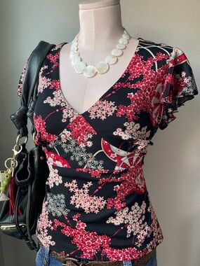 Vintage Y2K Black Floral tie back babydoll top